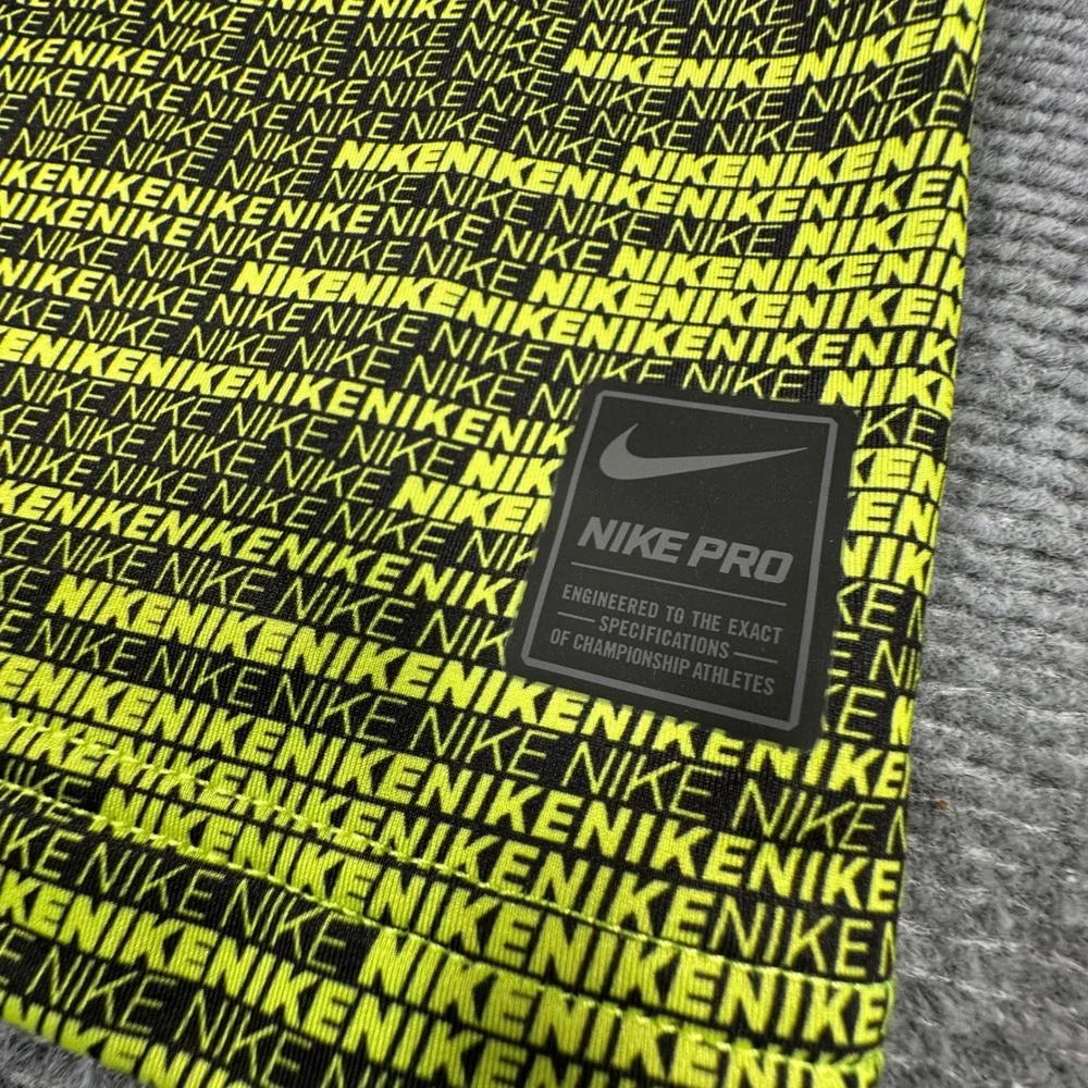 Nike Pro Kids Dri-FIT Compression Shirt Neon Yellow Black Logo Print Small S